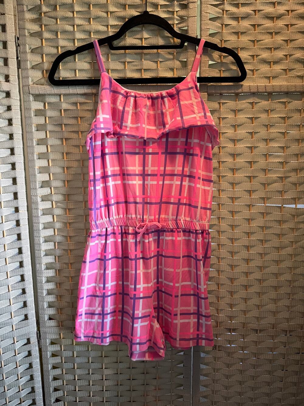 Extremely Me Girls Romper Size 14 Large Pink Plaid Ruffle Sleeveless Shorts